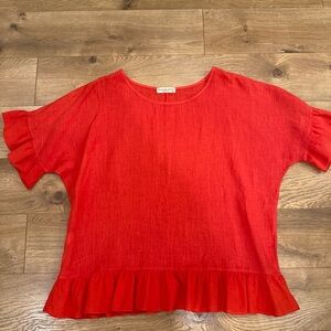 Terzo Millennio 100% Linen Red/Orange Blouse  Ruffle Hem Made In Italy Size M